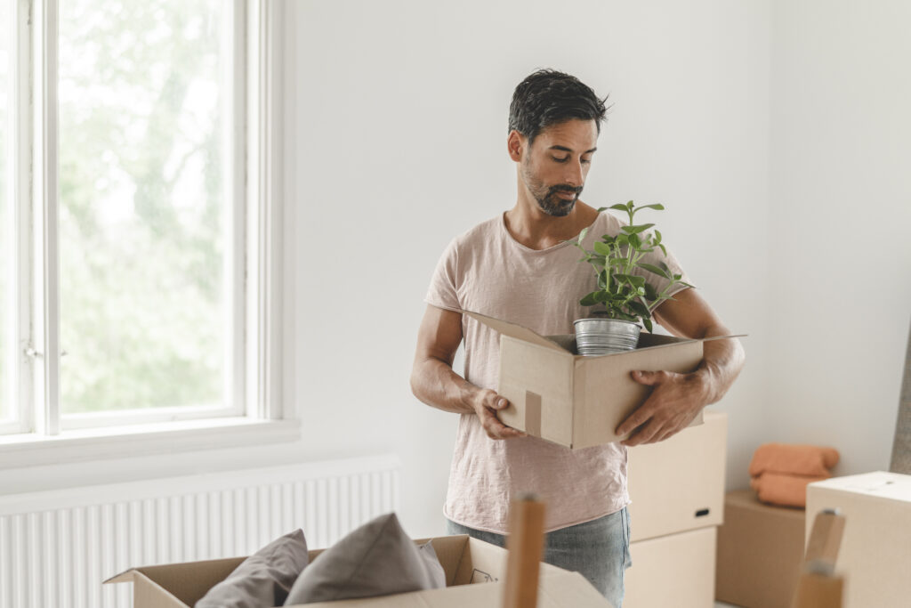 En person som flyttpackar med en planta i en av flyttlådorna